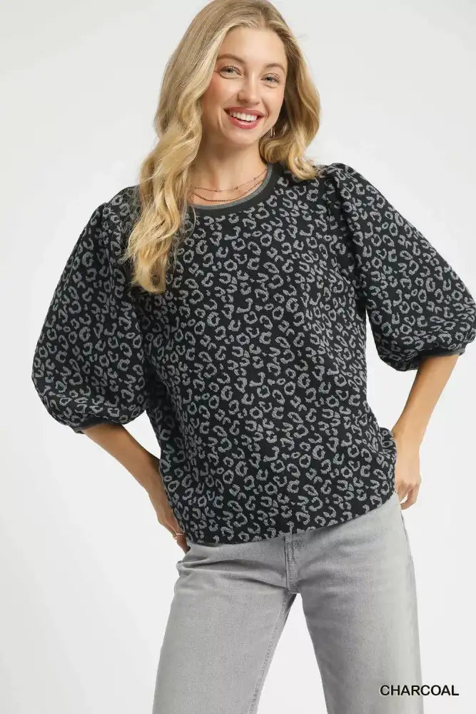 Umgee Leopard Print Jacquard Blouse with Puff Sleeves