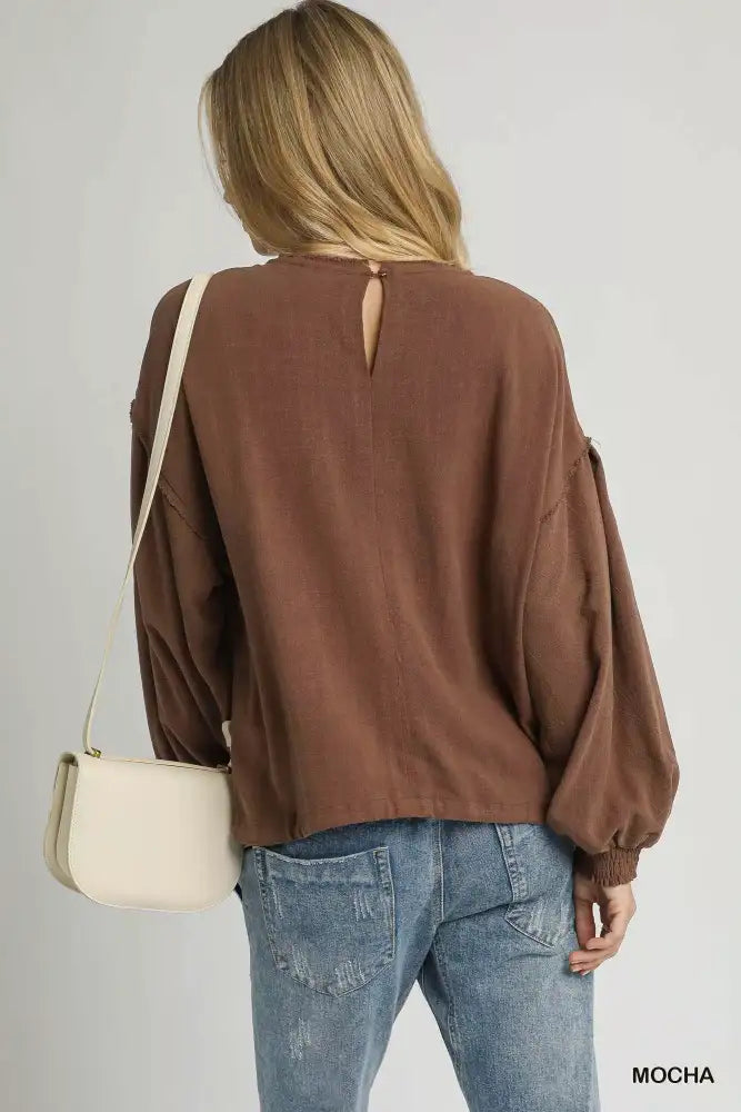 Umgee Linen Long Sleeve Top with Drawstring