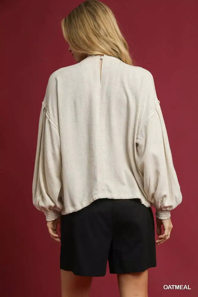 Umgee Linen Long Sleeve Top with Drawstring