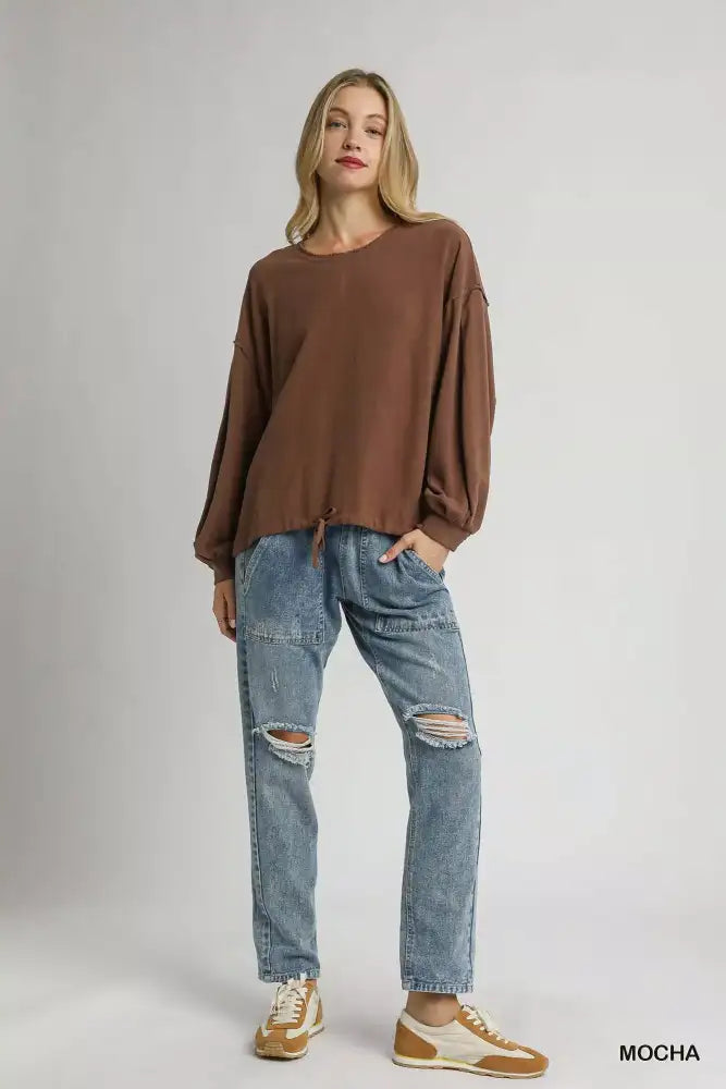 Umgee Linen Long Sleeve Top with Drawstring