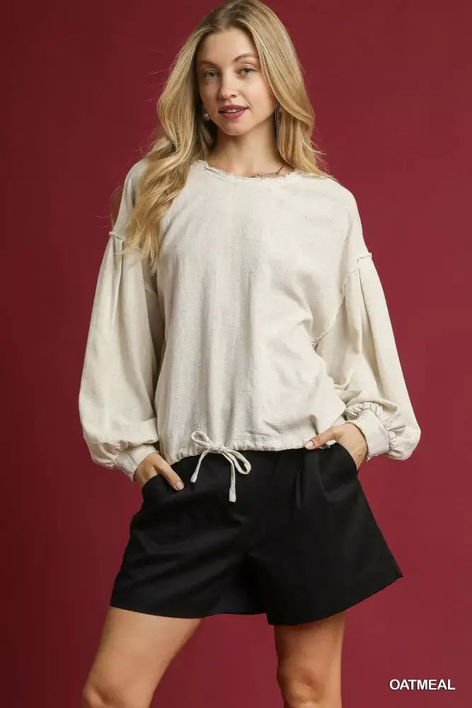 Umgee Linen Long Sleeve Top with Drawstring