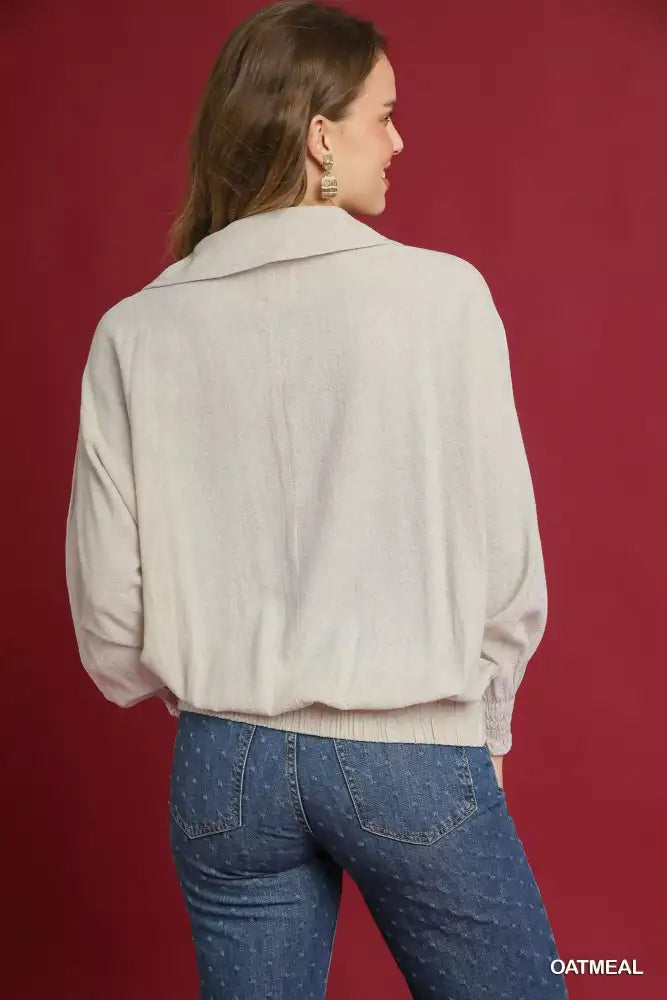 Umgee Linen Long Sleeves Elastic Hem Blouse