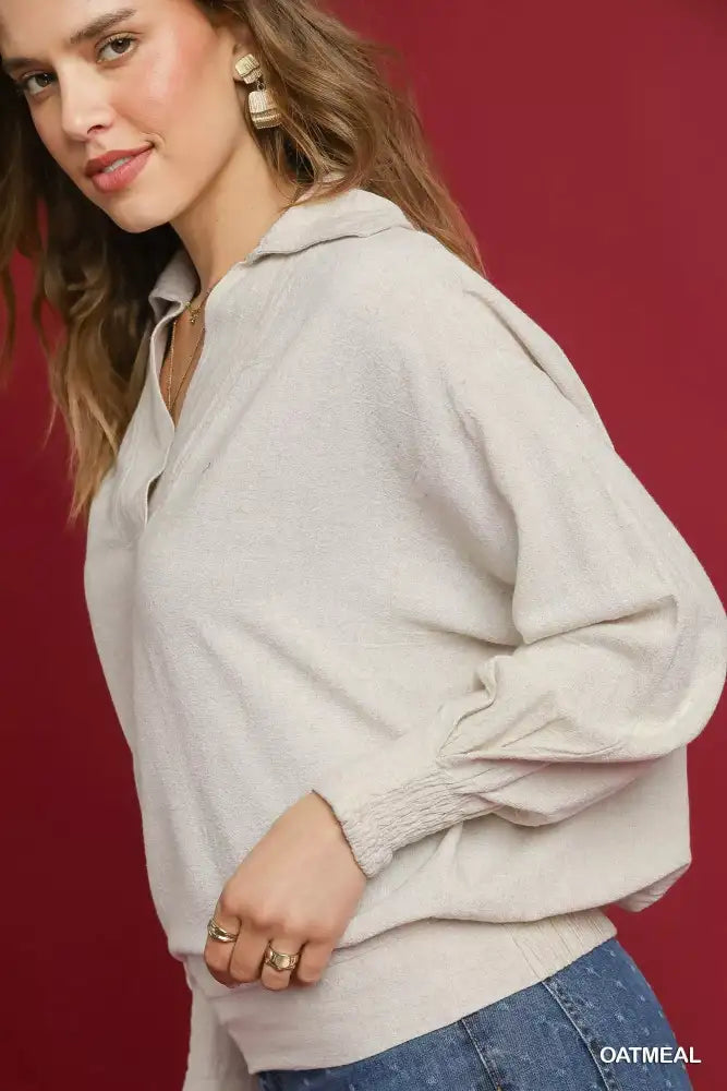Umgee Linen Long Sleeves Elastic Hem Blouse