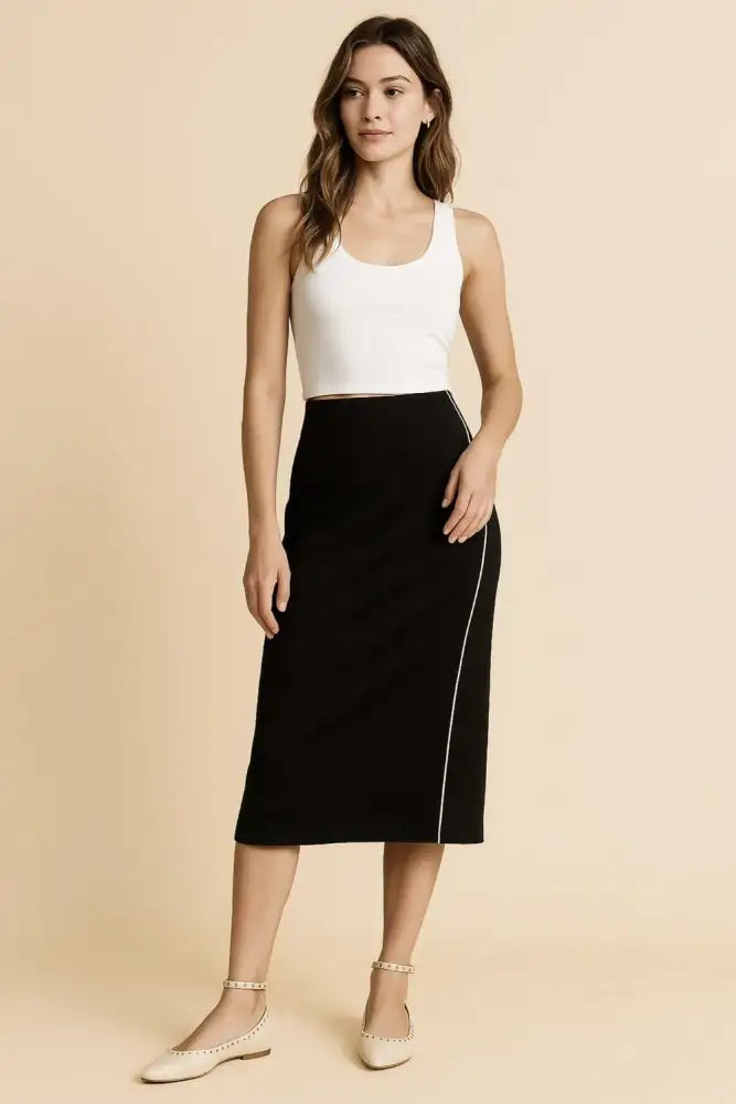 Umgee Midi Pencil Skirt with Contrast Piping Detail