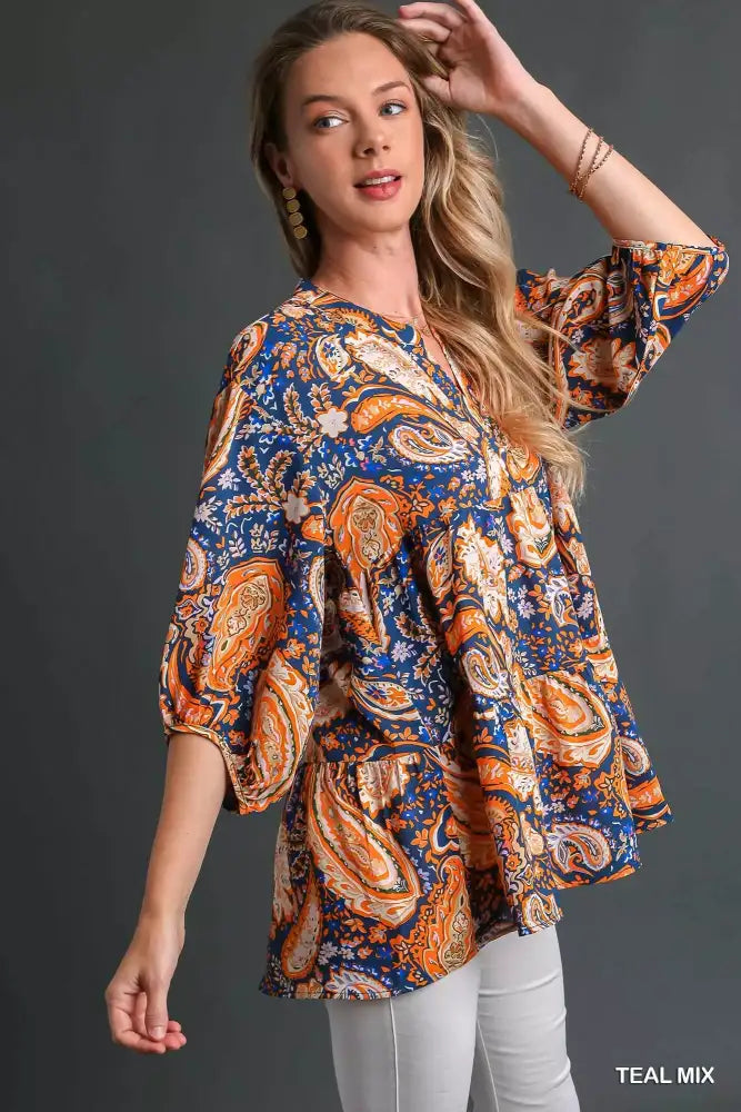 Umgee Mix Paisley Boho Tunic Blouse