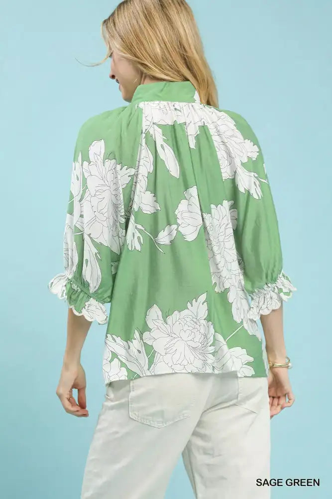 Umgee Peony Illustration Print Flounce Sleeve Blouse