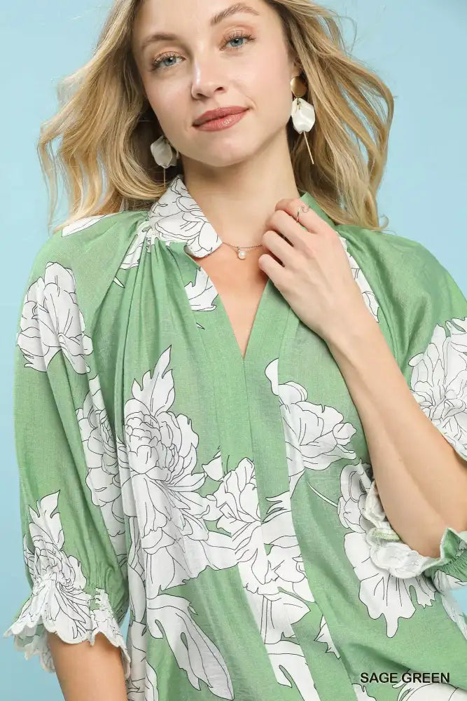 Umgee Peony Illustration Print Flounce Sleeve Blouse