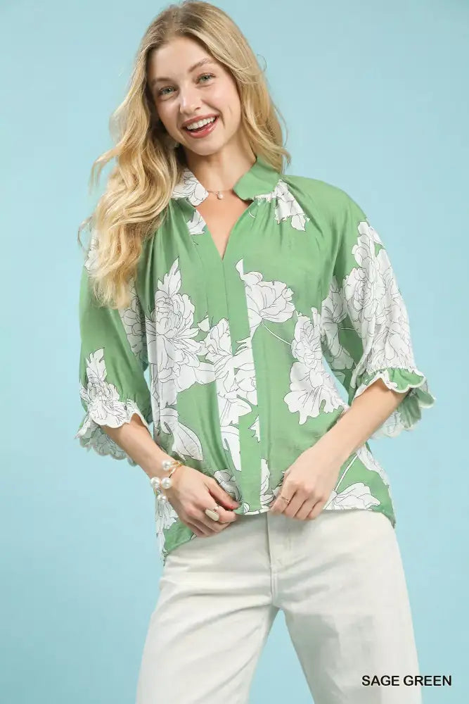 Umgee Peony Illustration Print Flounce Sleeve Blouse
