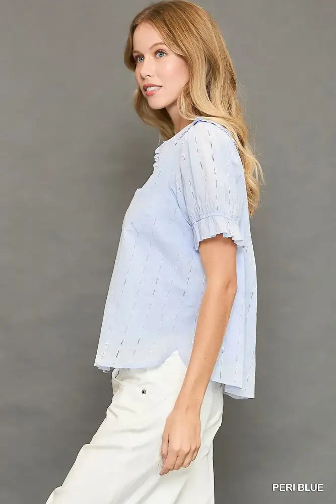 Umgee Peter Pan Collared Button Down Textured Shirt with Ruffled Detail