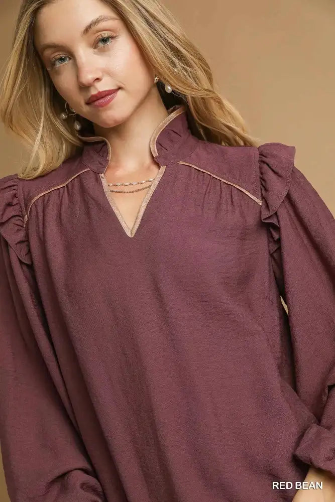 Umgee Ruffle Shoulder Long Sleeve Blouse