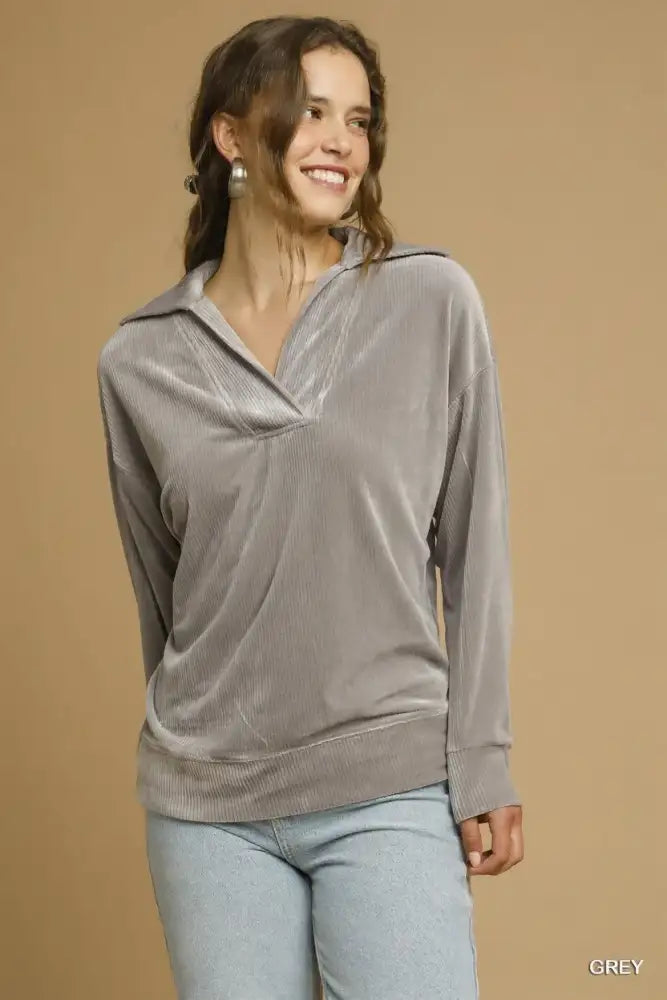 Umgee Soft Thermal Collared Long Sleeve Top