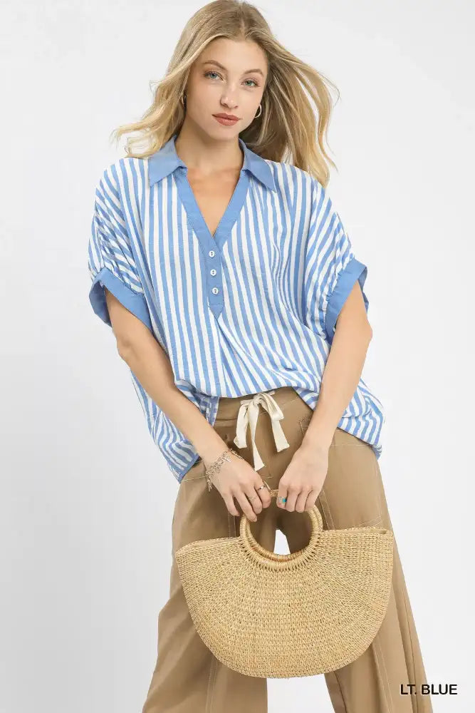Umgee Stripe Collared Oversized Top