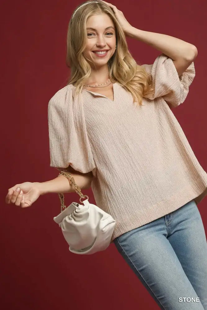 Umgee Texture Puff Sleeve Notched Blouse