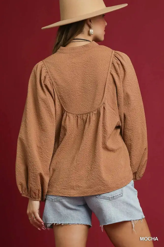 Umgee Textured Notched Blouse with Balloon Sleeves
