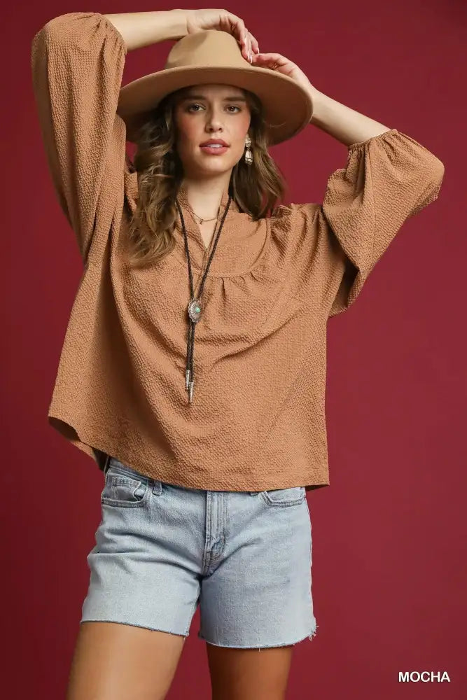 Umgee Textured Notched Blouse with Balloon Sleeves