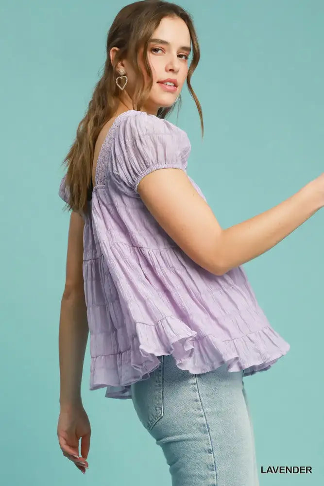 Umgee Textured Square Neck Bow Tie Blouse with Ruffle Hem