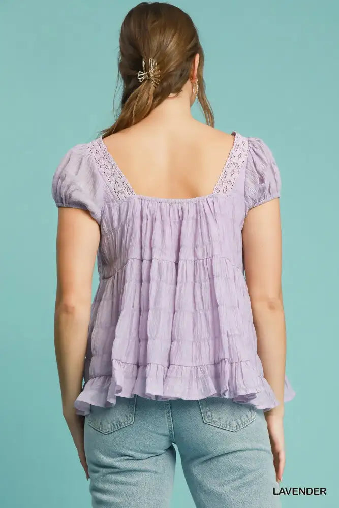 Umgee Textured Square Neck Bow Tie Blouse with Ruffle Hem