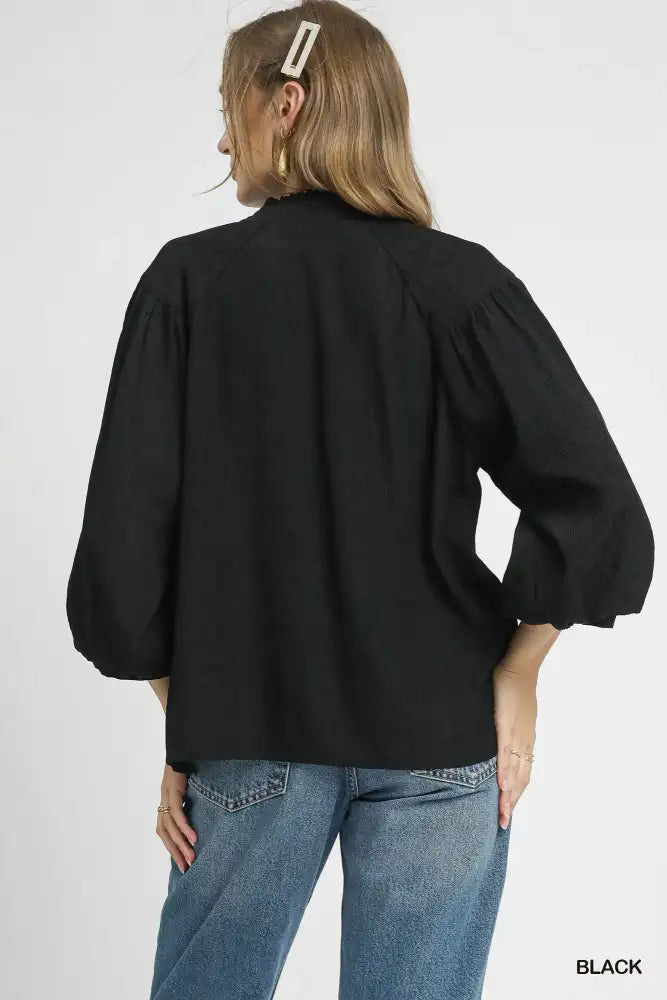 Umgee Textured V-Neck Blouse with Balloon Sleeves