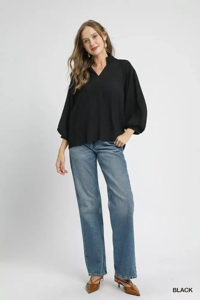 Umgee Textured V-Neck Blouse with Balloon Sleeves