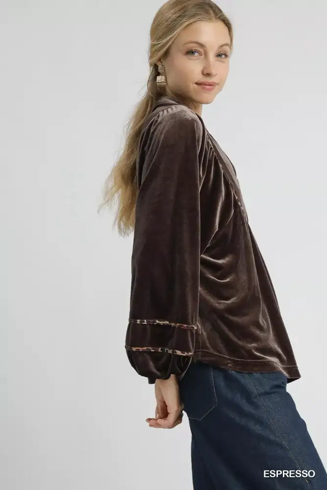 Umgee Velvet Long Sleeve Blouse with Contrast Trim