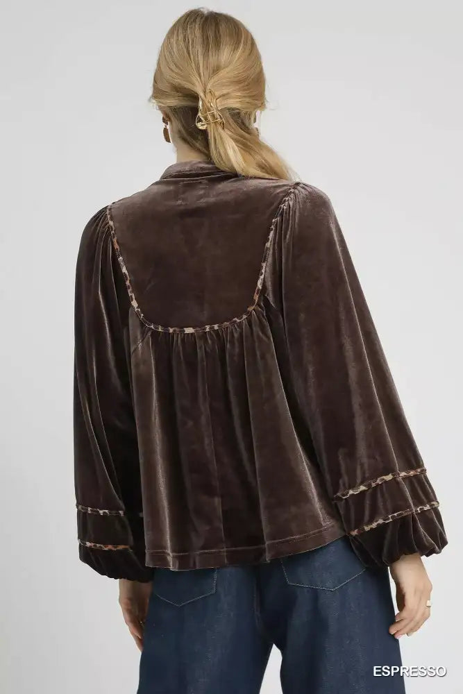 Umgee Velvet Long Sleeve Blouse with Contrast Trim