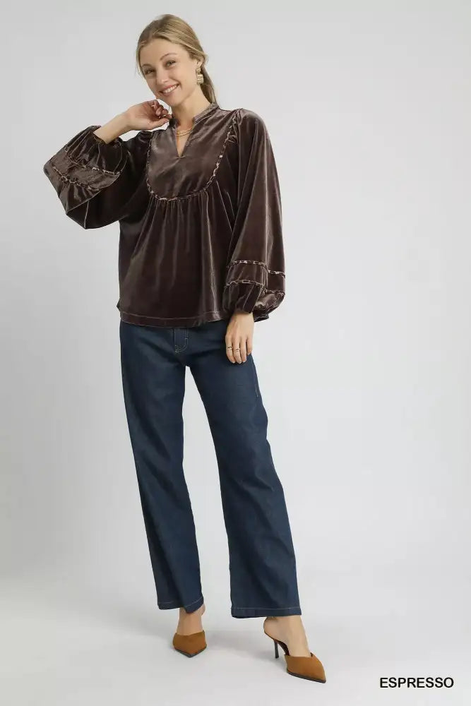 Umgee Velvet Long Sleeve Blouse with Contrast Trim