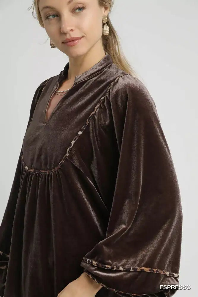 Umgee Velvet Long Sleeve Blouse with Contrast Trim