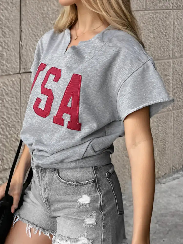 USA Lettering Patch Notched Neck T-Shirt
