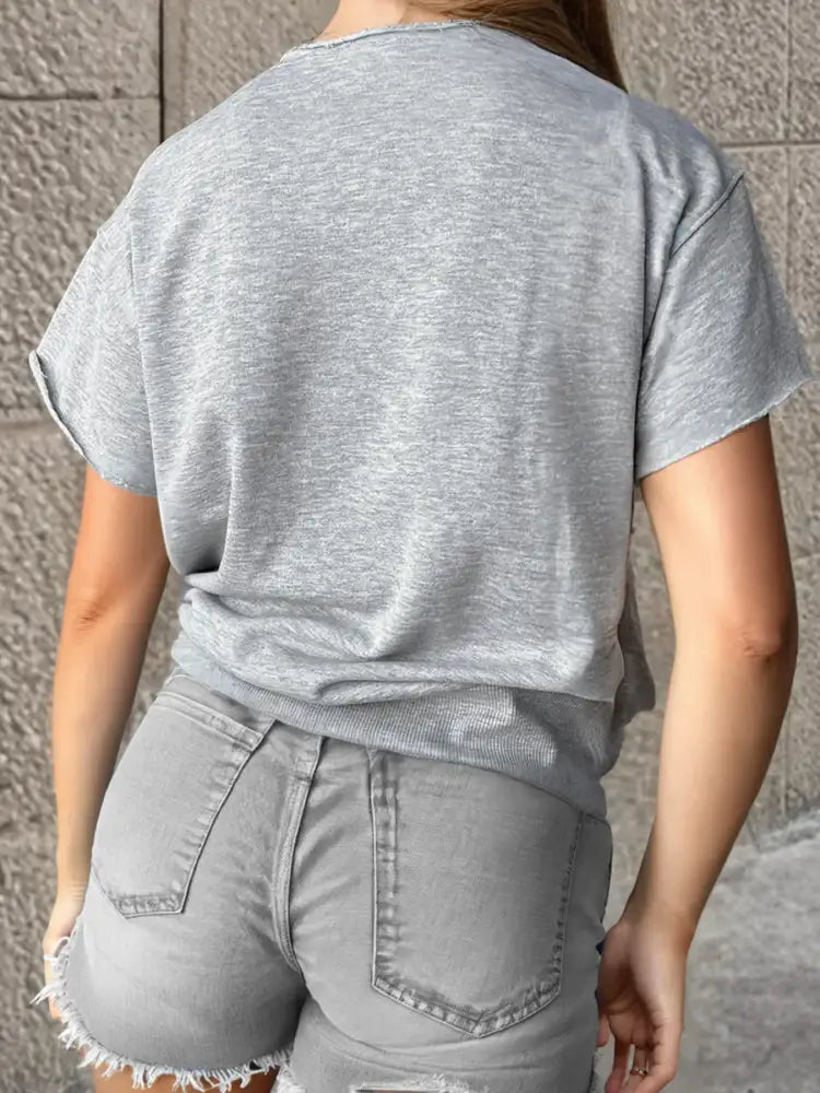 USA Lettering Patch Notched Neck T-Shirt