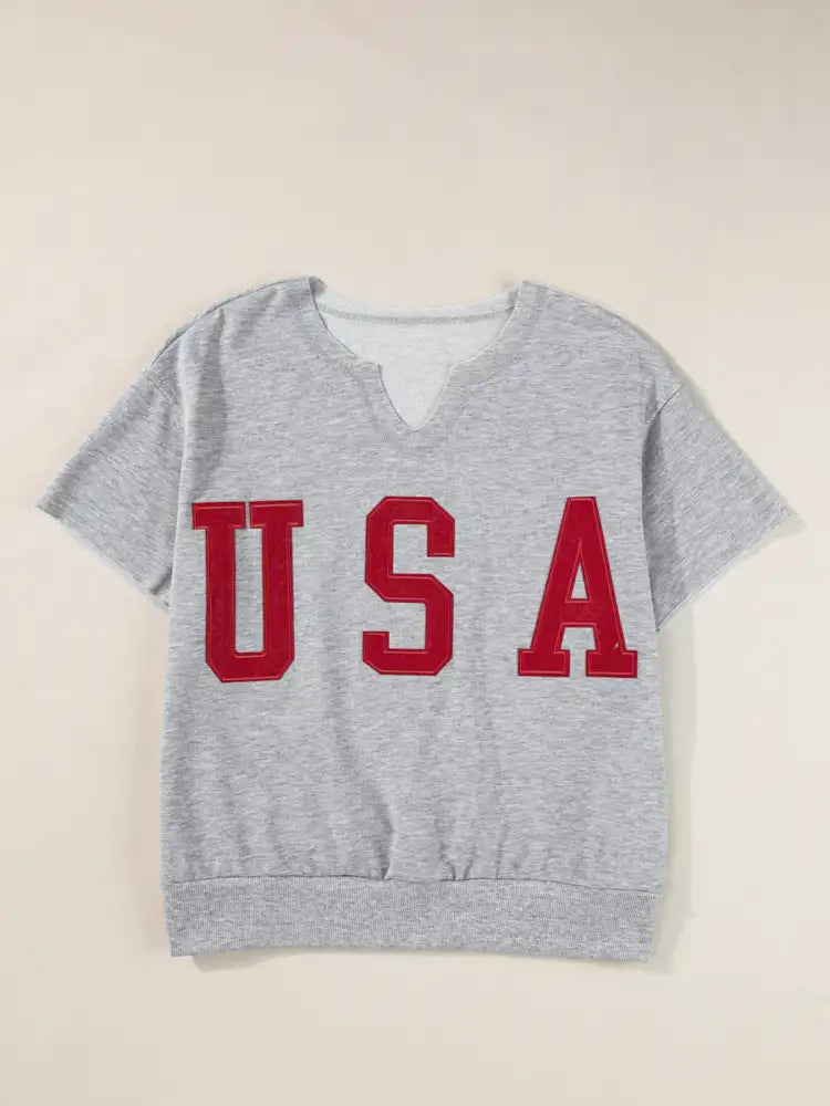 USA Lettering Patch Notched Neck T-Shirt
