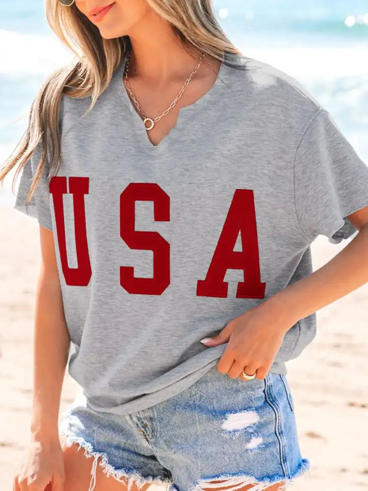 USA Lettering Patch Notched Neck T-Shirt