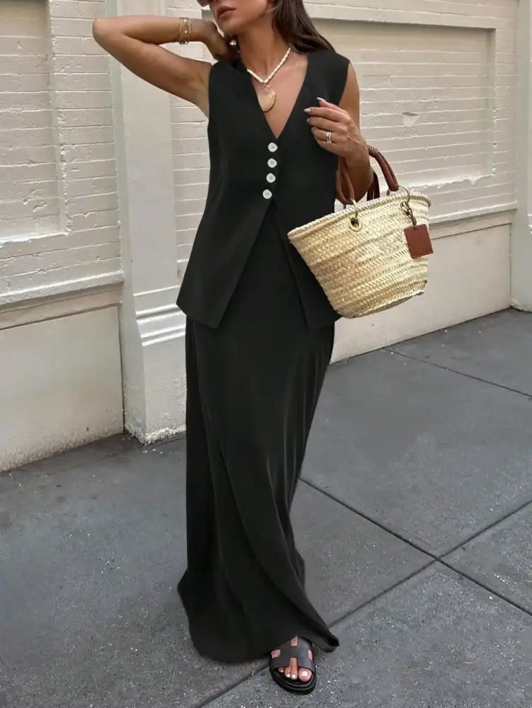 V-Neck Button Detail Vest and Skirt Two-Piece Set