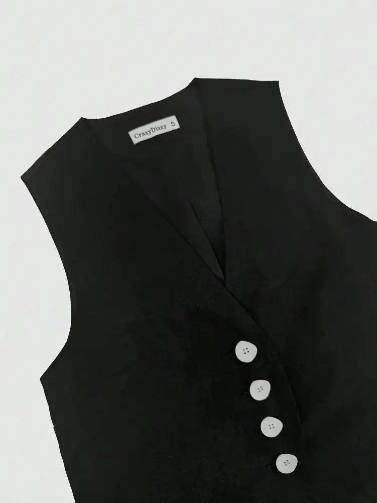 V-Neck Button Detail Vest and Skirt Two-Piece Set