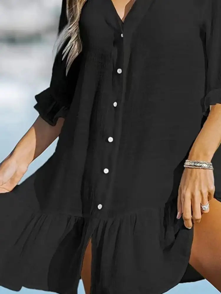 V-Neck Button Down Beach Cover Up Dress