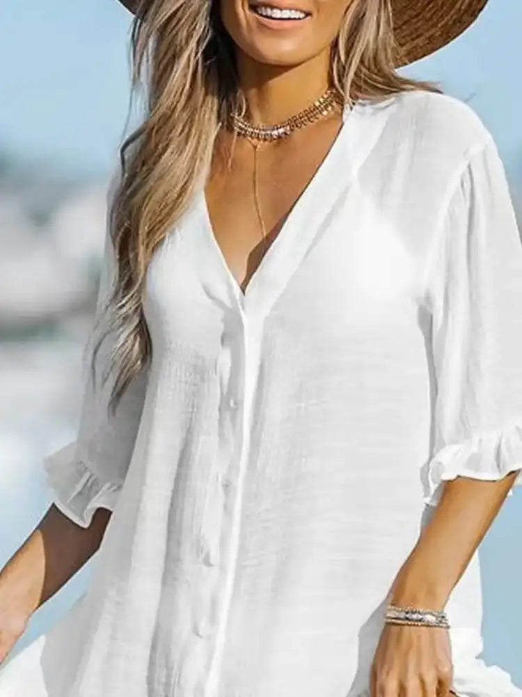 V-Neck Button Down Beach Cover Up Dress