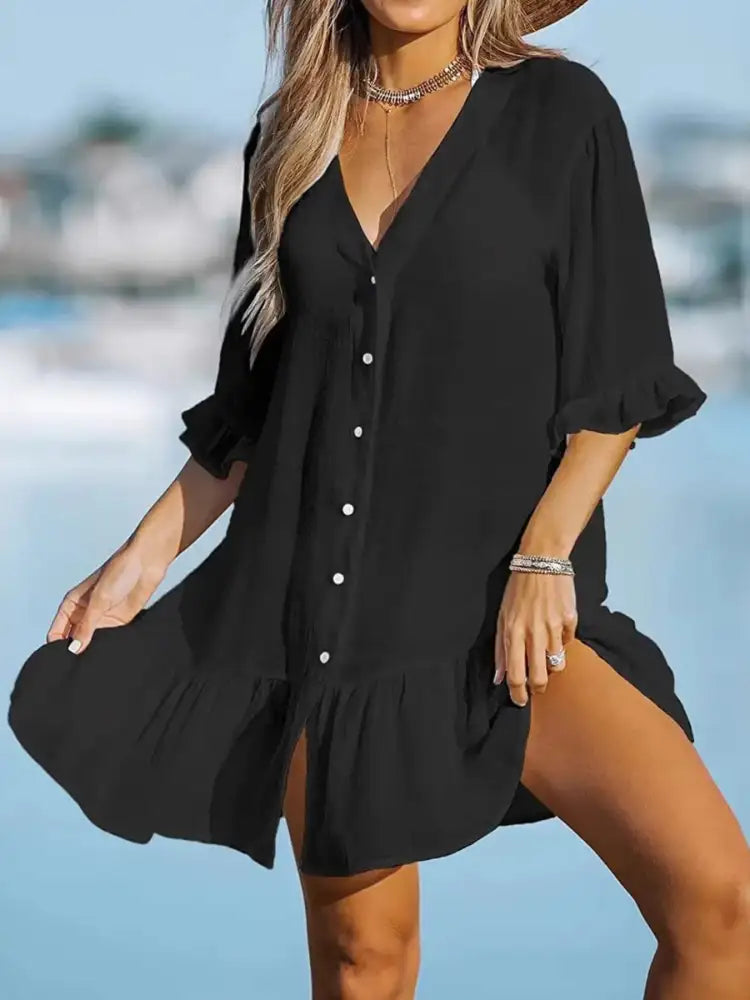 V-Neck Button Down Beach Cover Up Dress