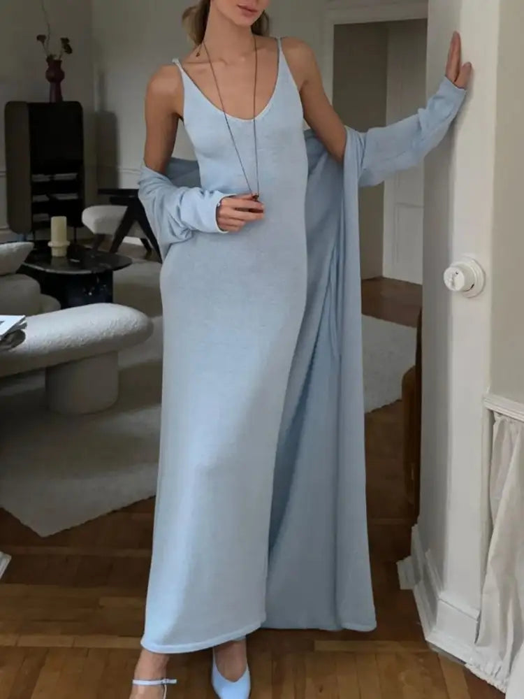 V-Neck Knit Dress and Cardigan Sweater Set