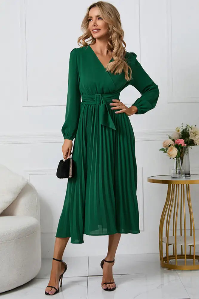 V-Neck Long Sleeve Tie Waist Midi Dress