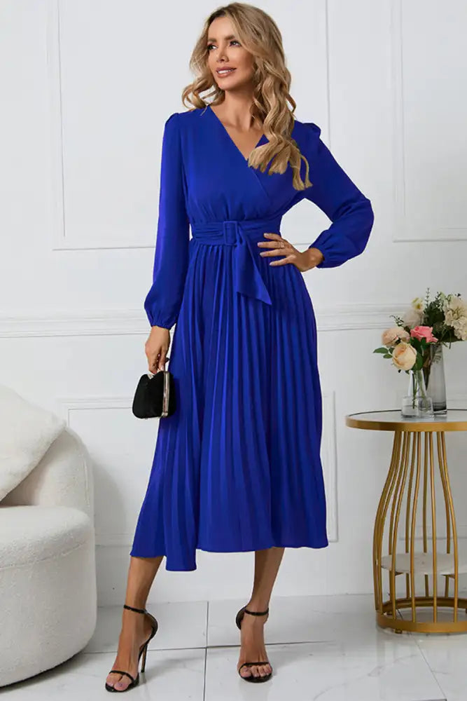 V-Neck Long Sleeve Tie Waist Midi Dress