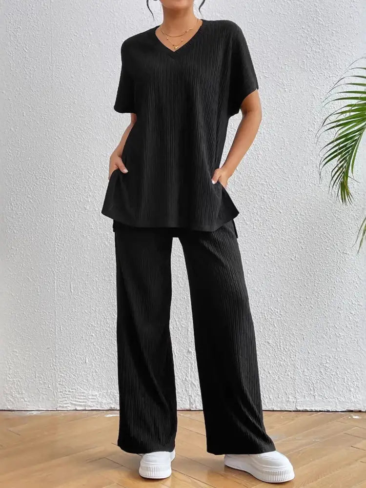V-Neck Short Sleeve Top and Pants Set