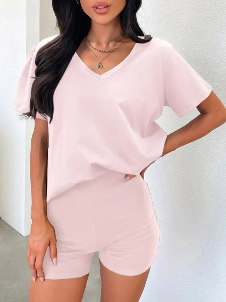 V-Neck Short Sleeve Top and Shorts Set