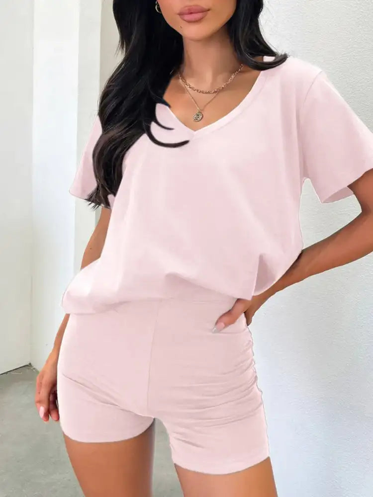 V-Neck Short Sleeve Top and Shorts Set