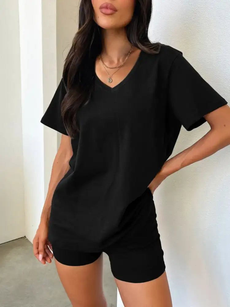 V-Neck Short Sleeve Top and Shorts Set