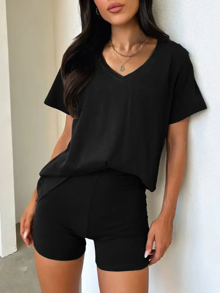V-Neck Short Sleeve Top and Shorts Set