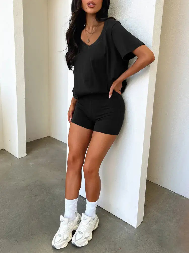 V-Neck Short Sleeve Top and Shorts Set