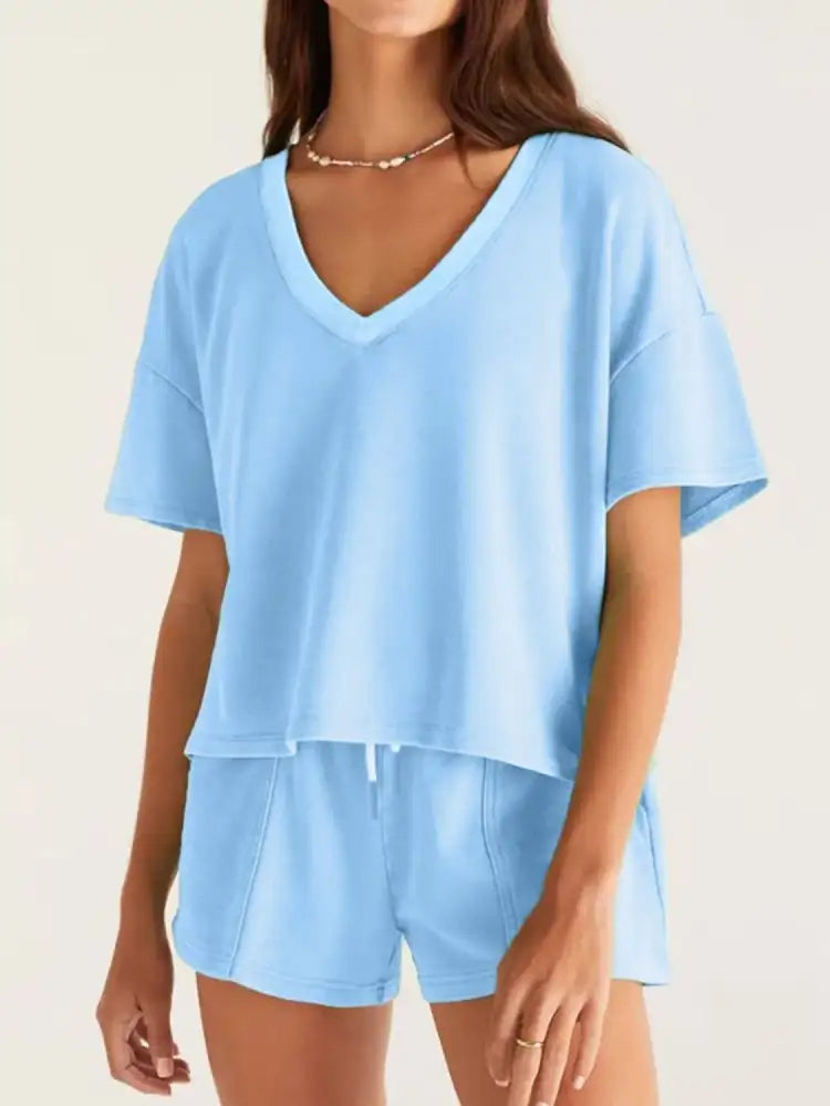V-Neck Short Sleeve Top and Shorts Set