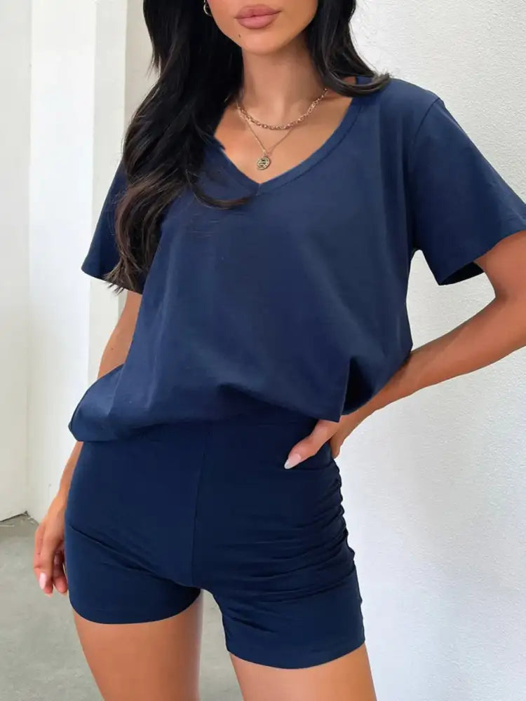 V-Neck Short Sleeve Top and Shorts Set