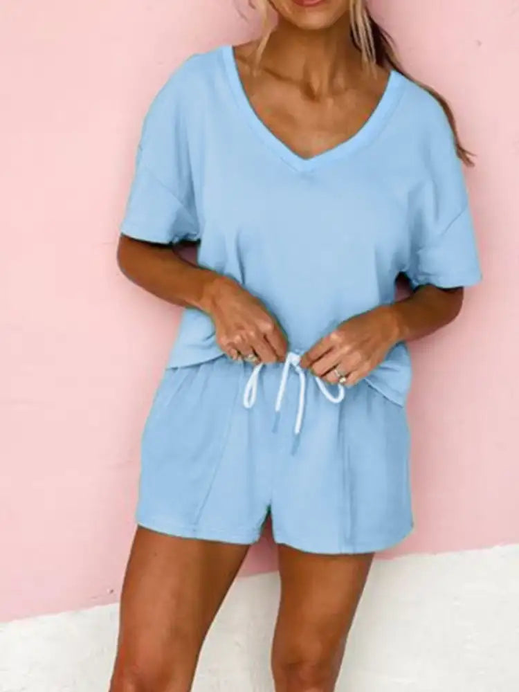 V-Neck Short Sleeve Top and Shorts Set
