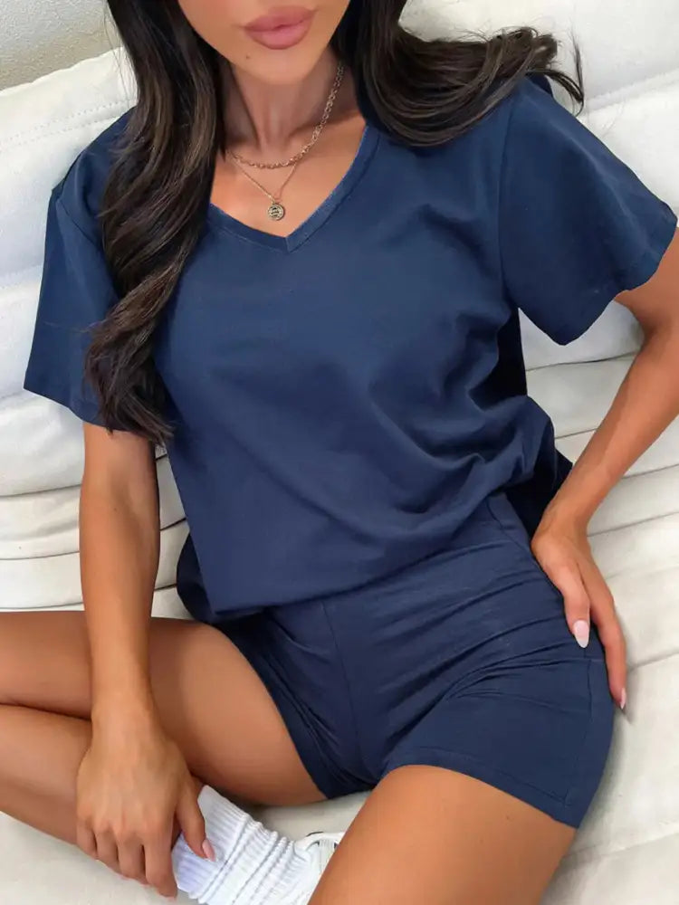 V-Neck Short Sleeve Top and Shorts Set