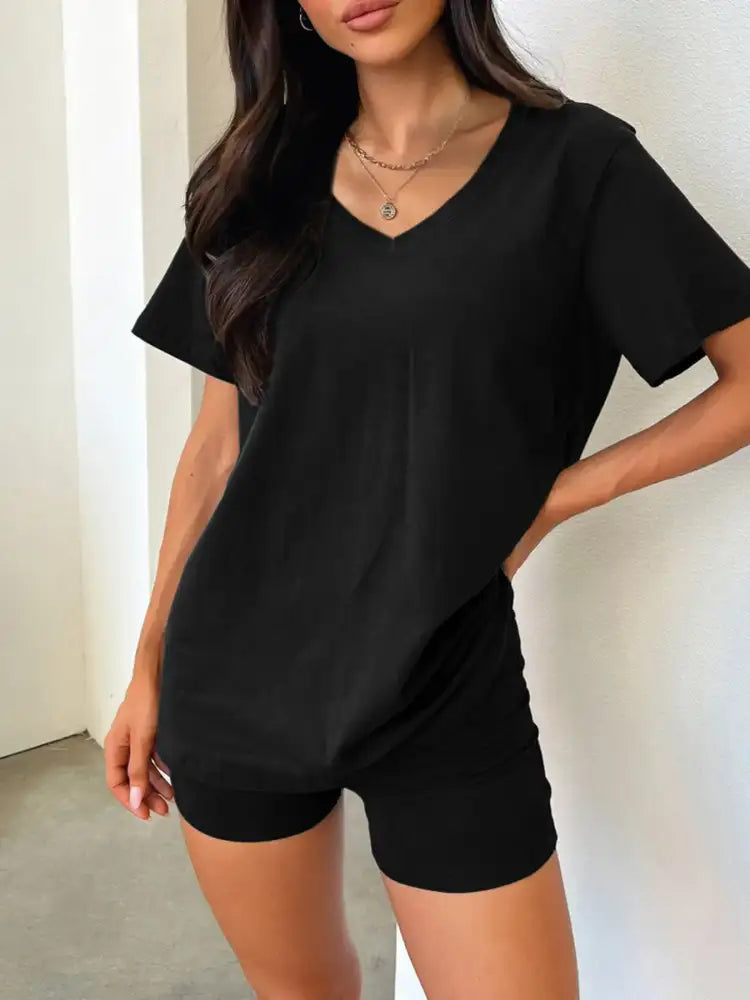 V-Neck Short Sleeve Top and Shorts Set